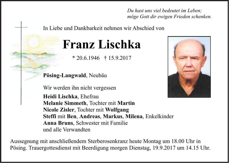 Traueranzeige Franz Lischka