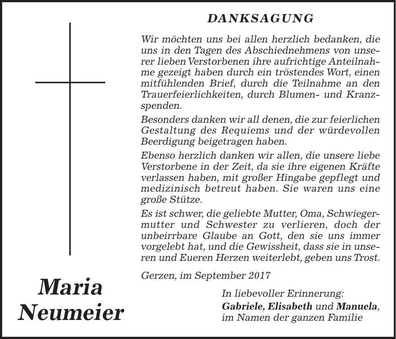 Traueranzeige Maria Neumeier