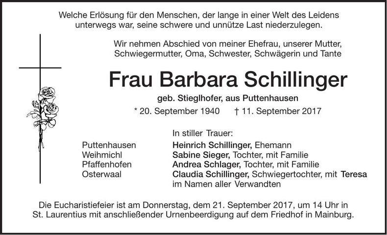 Traueranzeige Barbara Schillinger