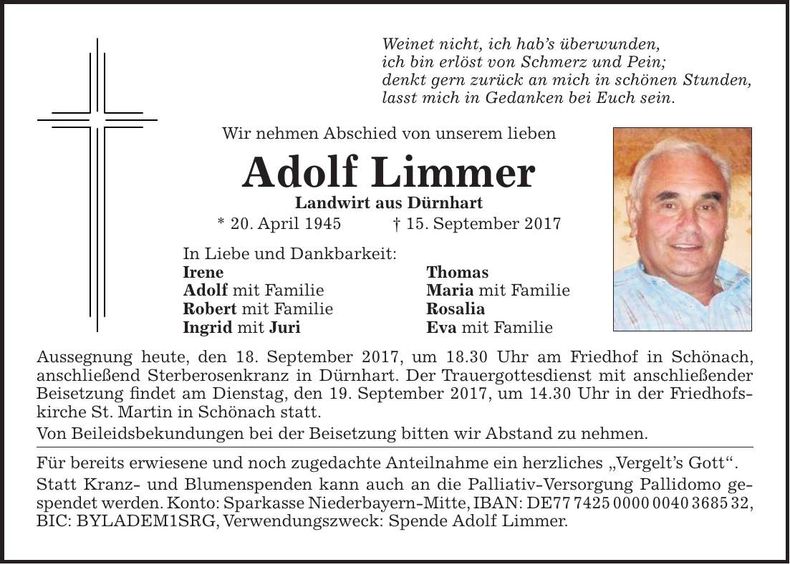 Traueranzeige Adolf Limmer