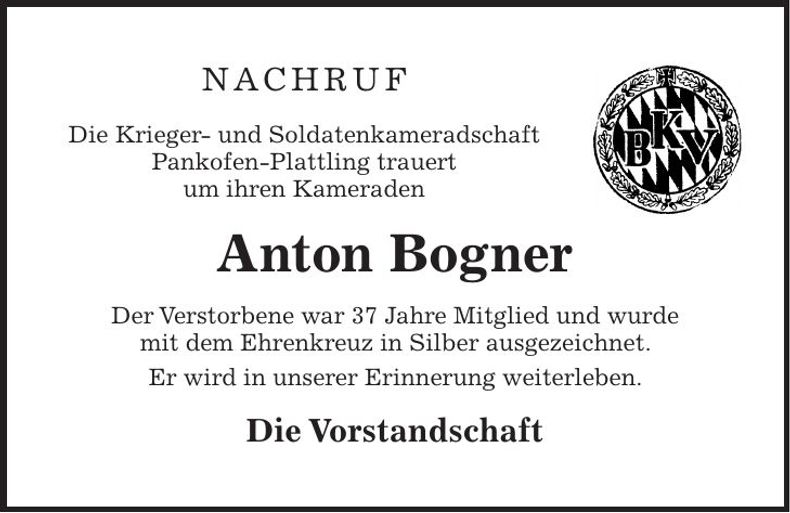 Traueranzeige Anton Bogner