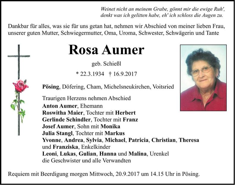 Traueranzeige Rosa Aumer