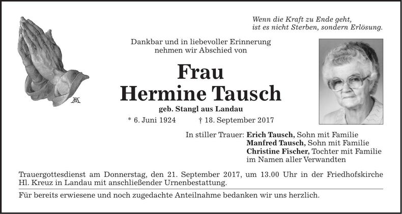 Traueranzeige Hermine Tausch