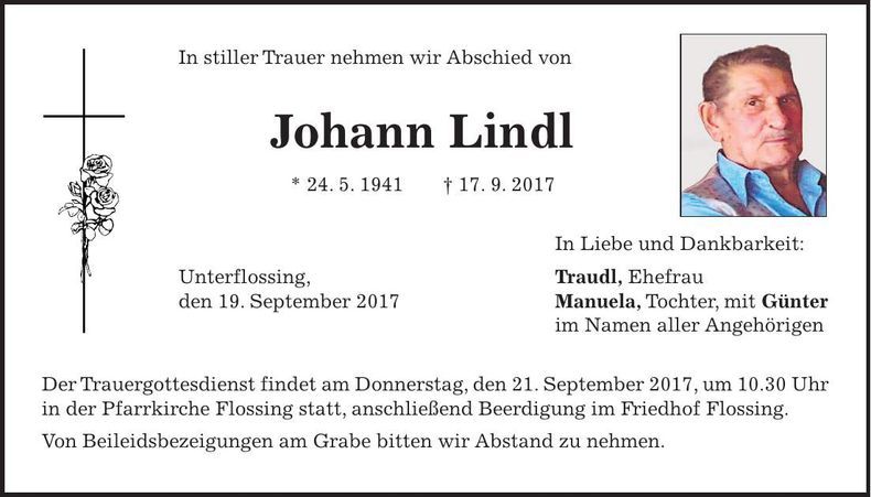 Traueranzeige Johann Lindl