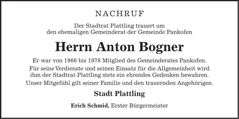 Traueranzeige Anton Bogner