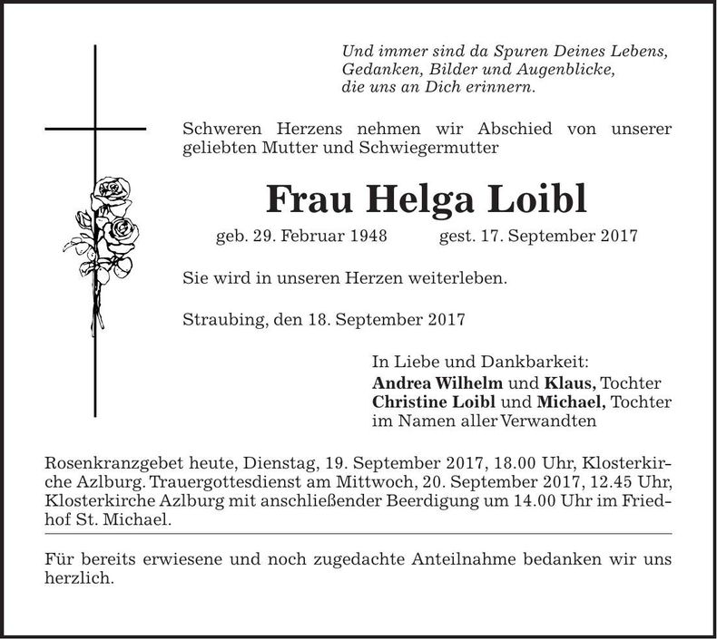 Traueranzeige Helga Loibl