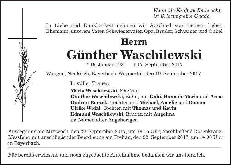 Traueranzeige Günther Waschilewski