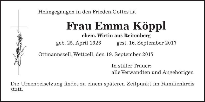 Traueranzeige Emma Köppl