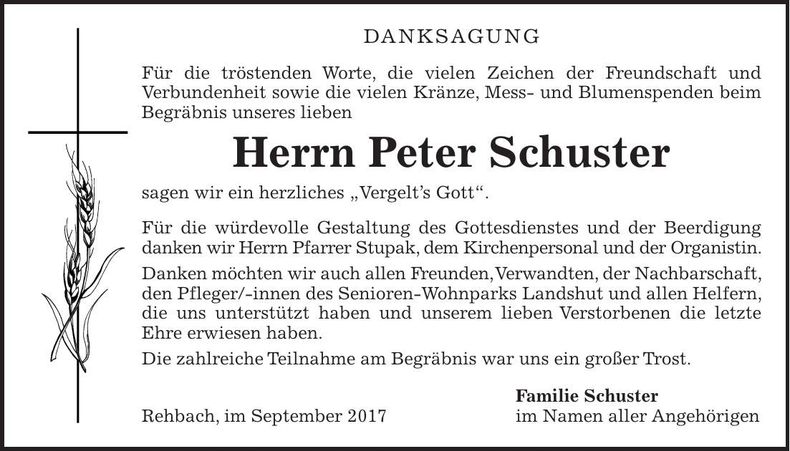 Traueranzeige Peter Schuster