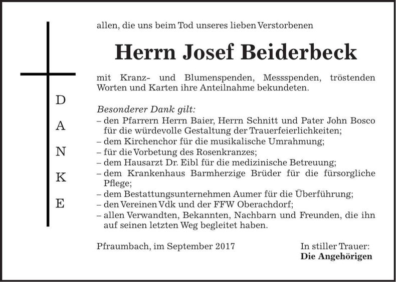 Traueranzeige Josef Beiderbeck