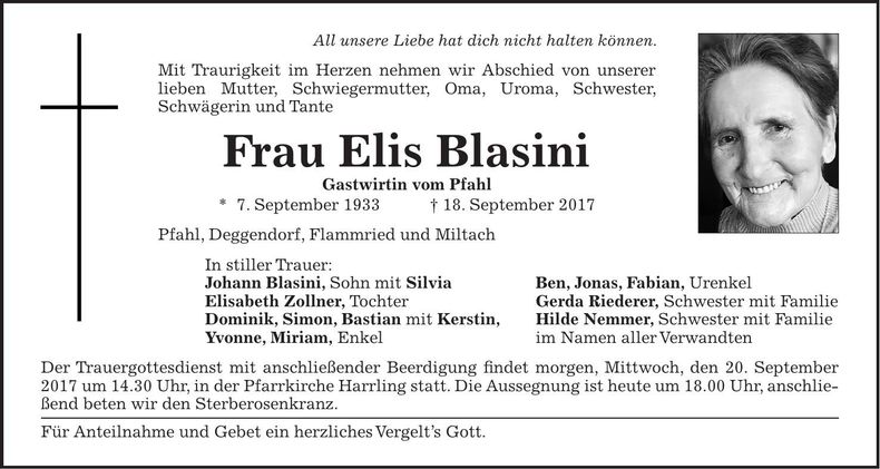 Traueranzeige Elis Blasini