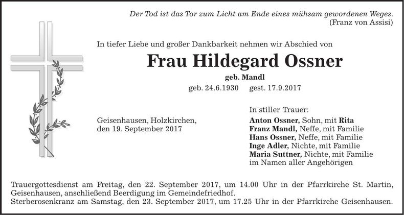 Traueranzeige Hildegard Ossner