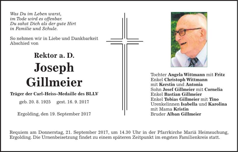 Traueranzeige Joseph Gillmeier