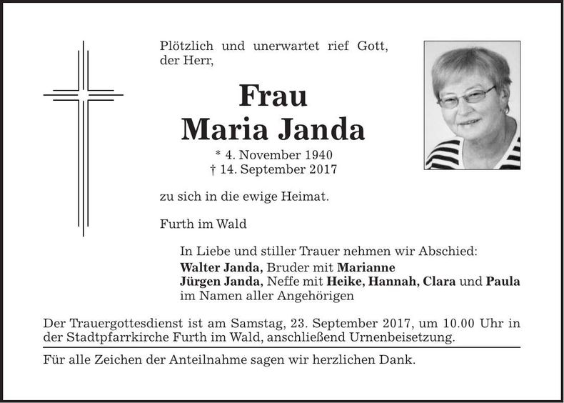 Traueranzeige Maria Janda