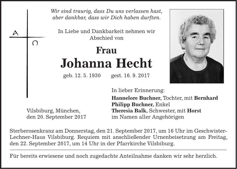 Traueranzeige Johanna Hecht