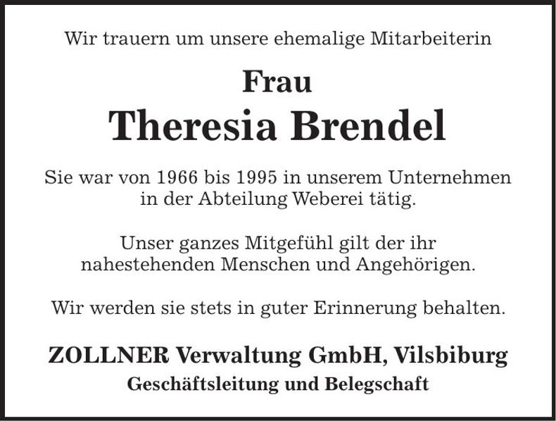 Traueranzeige Theresia Brendel
