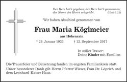 Traueranzeige Maria Köglmeier
