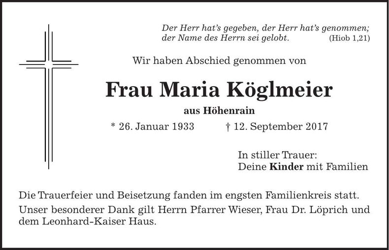 Traueranzeige Maria Köglmeier