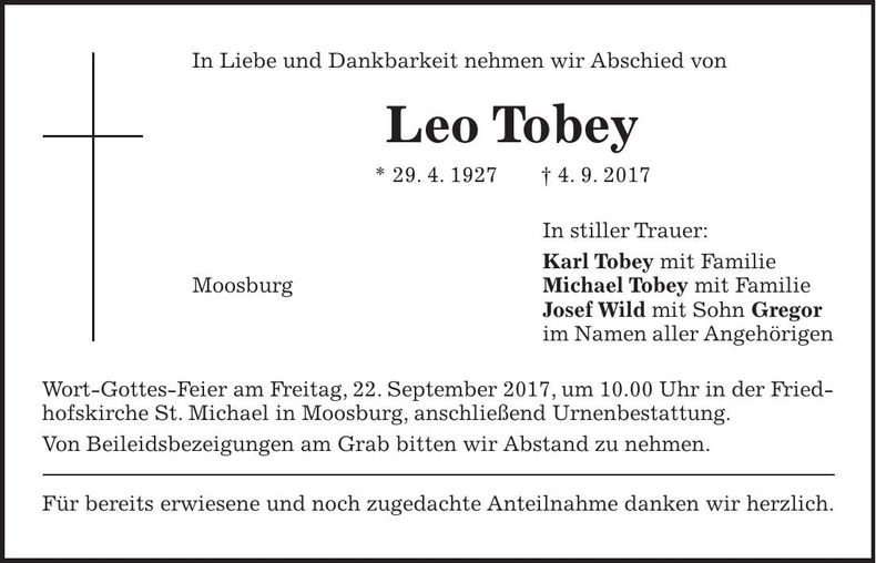Traueranzeige Leo Tobey
