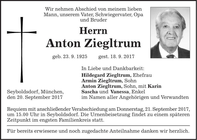 Traueranzeige Anton Ziegltrum