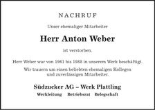 Traueranzeige Anton Weber