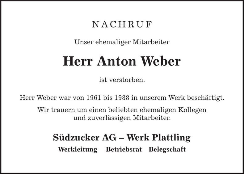 Traueranzeige Anton Weber