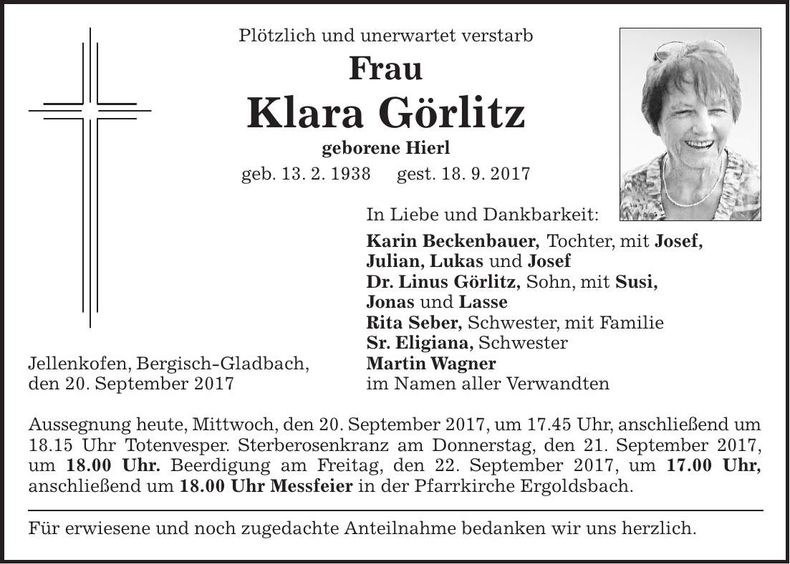 Traueranzeige Klara Görlitz