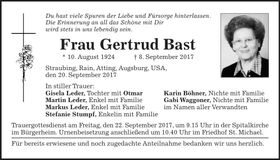 Traueranzeige Gertrud Bast