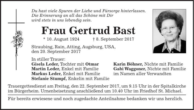 Traueranzeige Gertrud Bast