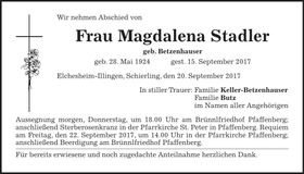 Traueranzeige Magdalena Stadler
