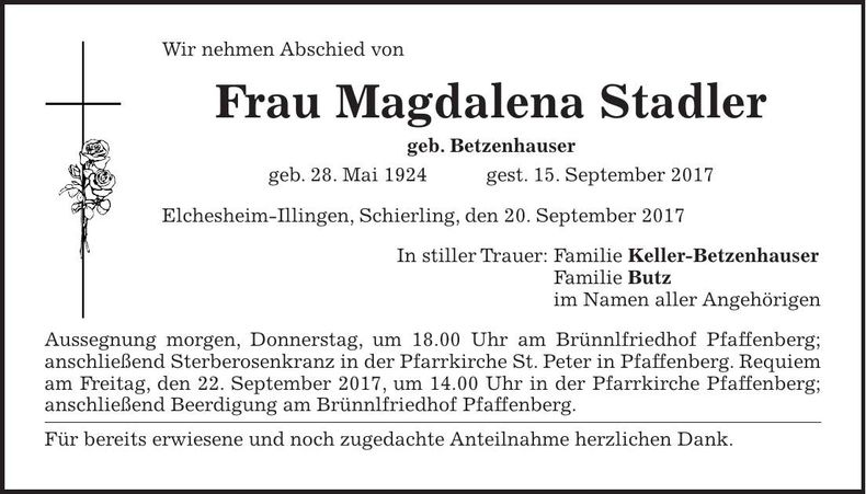 Traueranzeige Magdalena Stadler
