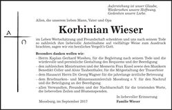 Traueranzeige Korbinian Wieser