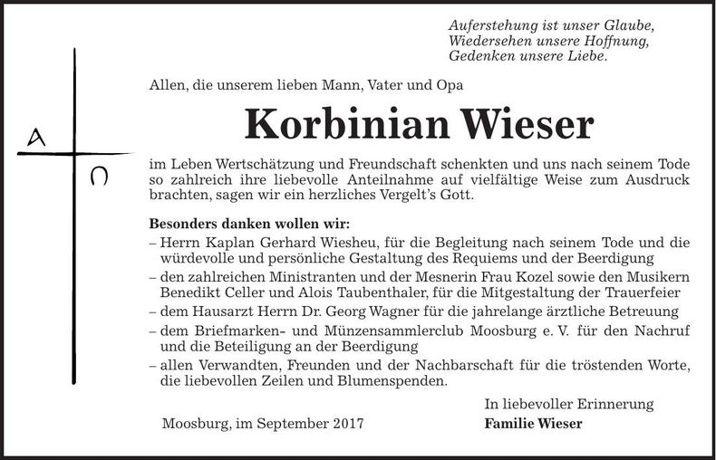 Traueranzeige Korbinian Wieser