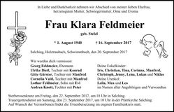 Traueranzeige Klara Feldmeier