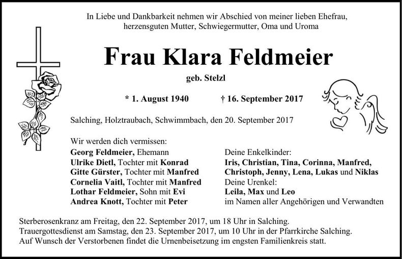 Traueranzeige Klara Feldmeier