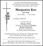 Traueranzeige Margareta Kus