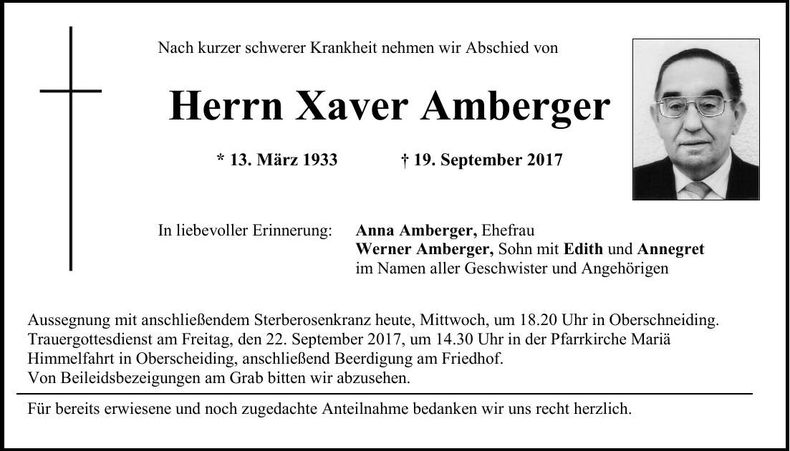Traueranzeige Xaver Amberger