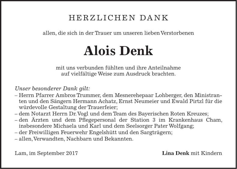 Traueranzeige Alois Denk