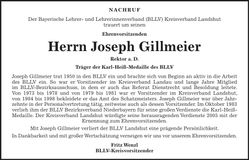 Traueranzeige Josef Gillmeier