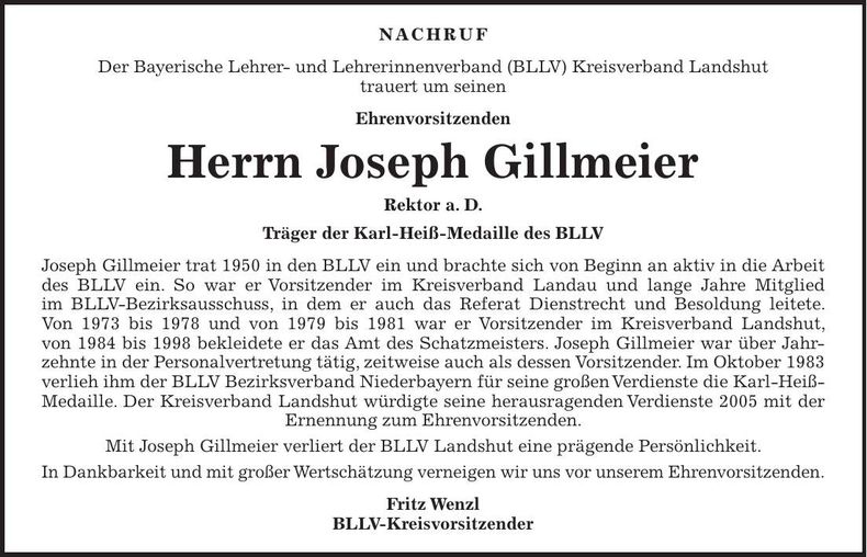 Traueranzeige Josef Gillmeier