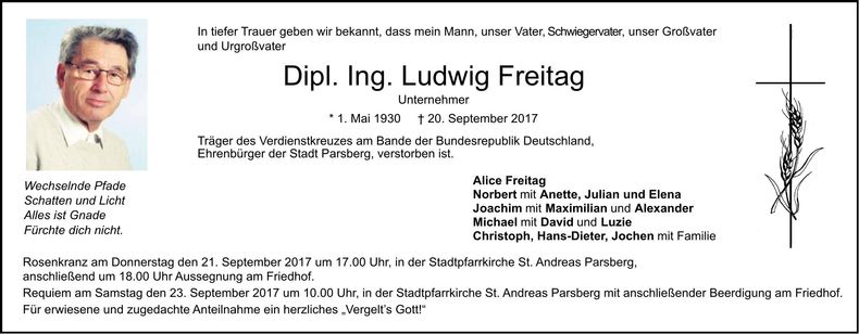 Traueranzeige Ludwig Freitag Dipl. Ing.