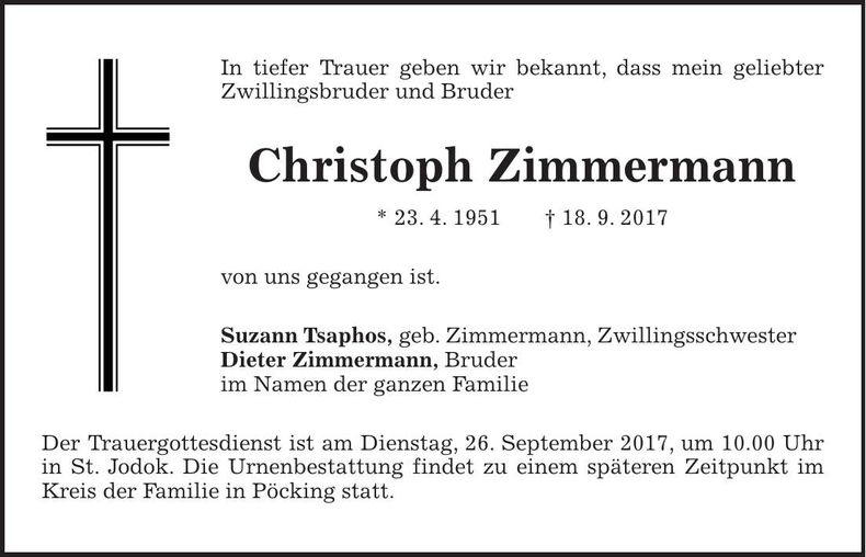 Traueranzeige Christoph Zimmermann