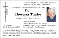 Traueranzeige Theresia Thaler
