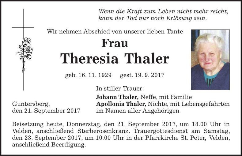 Traueranzeige Theresia Thaler