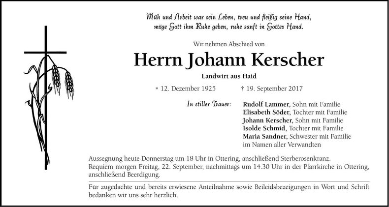 Traueranzeige Johann Kerscher
