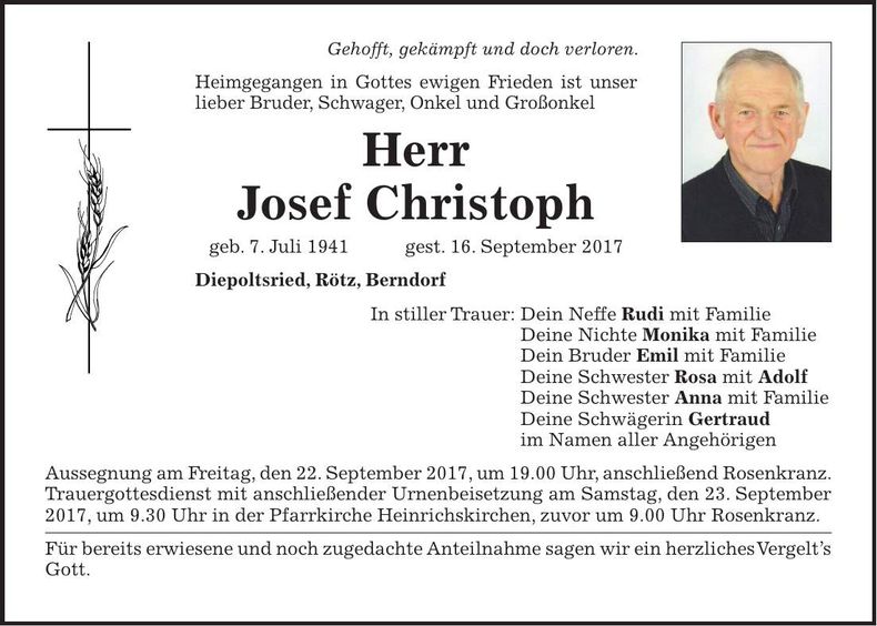 Traueranzeige Josef Christoph
