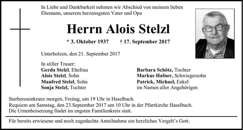 Traueranzeige Alois Stelzl