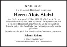 Traueranzeige Alois Stelzl