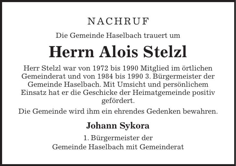 Traueranzeige Alois Stelzl