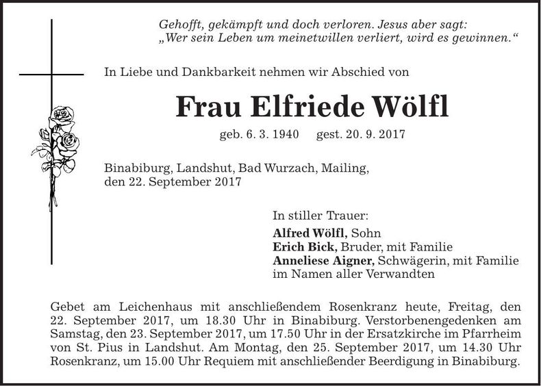 Traueranzeige Elfriede Wölfl